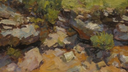 Brushstroke detail of a rocky path with vegetation, captured with impasto technique