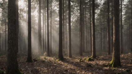 Sunbeams pierce through a dense forest, illuminating tall trees & a carpet of fallen leaves
