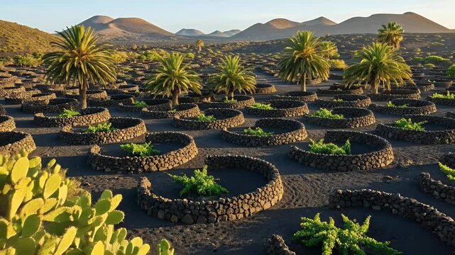 Lanzarote Vineyard Landscape Cinematic Footage with Palm Trees