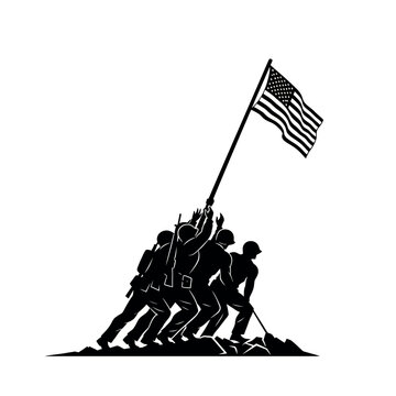 Silhouette of Soldiers Raising American Flag on Iwo Jima.