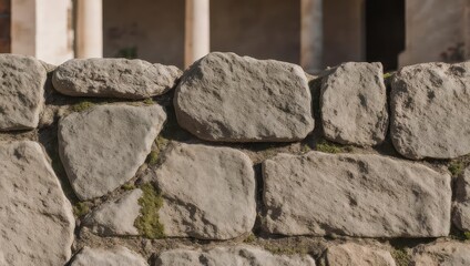 Close-up of a weathered stone wall with visible texture. Hints of a blurred background