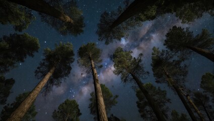 Perspective of tall trees reaching towards the starry night sky, Milky Way visible