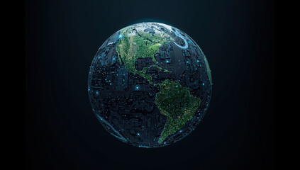 Earth globe with digital circuit continents glowing with green city lights, futuristic tech