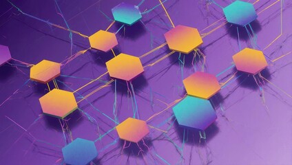 Abstract network with connecting colorful hexagons on a gradient purple background
