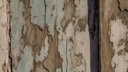 Close-up view of distressed, weathered wood with peeling paint, showing texture and age