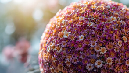Vibrant spherical cluster of pink and white daisy flowers glowing in soft sunlight, serene mood