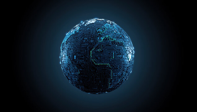 Futuristic digital globe with glowing circuit patterns conveying connected innovation and wonder - Powered by Adobe