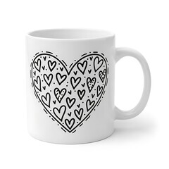 Illustration of a white mug with a black heart design on the front isolated on white background