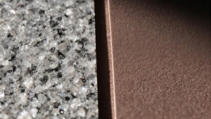 Close-up shows two textured surfaces speckled granite & smooth brown material, separated by a dark line