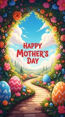 Happy mother's day colorful floral landscape with decorated eggs