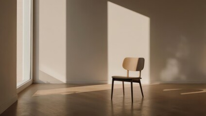 Empty room with a lone chair, sunlit from a large window, casting shadows
