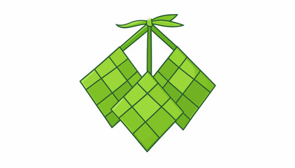 Three green woven ketupat rice cakes tied together, a traditional symbol of Eid al-Fitr celebration in Southeast Asia.