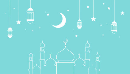 Elegant minimalist illustration of a mosque, crescent moon, and hanging lanterns under a starry sky, symbolizing Islamic celebration and spiritual reflection for Ramadan or Eid