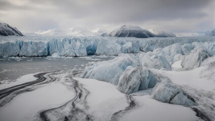 Stunning panoramic view of a vast glacier, its icy facade reflected in the serene water