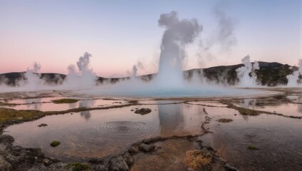 Geyser erupts in a geothermal area, steam rising against a colorful sky