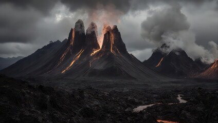 Volcanic landscape Erupting peaks spew lava, smoke against a dramatic, cloudy sky