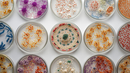 Intricate colorful petri dish art with floral microbial patterns and delicate textures