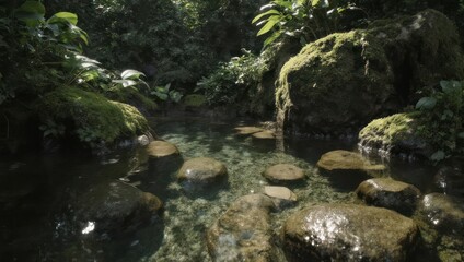 Tranquil pond in a lush green forest, sunlit water reflecting vegetation and mossy rocks