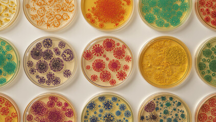 Petri dish arrangement with colorful bacterial colonies creating intricate floral patterns