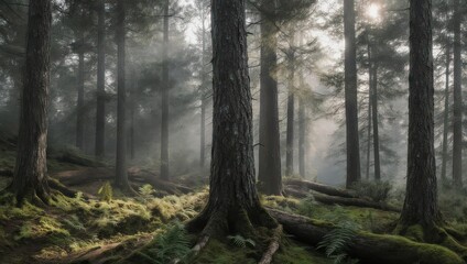 Forest scene of large trees, sunlight filters through the misty air, mossy ground