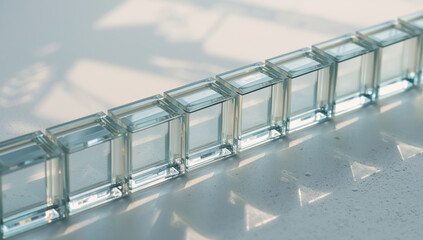 Obraz premium Glass cube row reflecting soft light and casting triangular shadows in minimalist setting