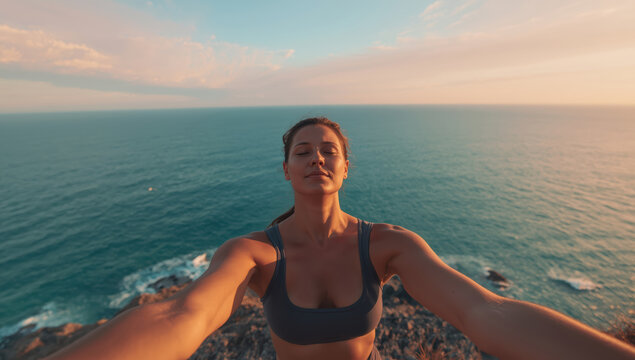 Serene woman practicing yoga on cliffside at sunrise with ocean view - Powered by Adobe
