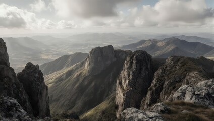 Panoramic view of rugged, rocky mountains under a partly cloudy sky, with deep valleys
