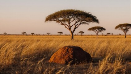 Golden hour landscape of African savanna with acacia trees, tall grass, & termite mound