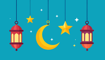 Flat illustration of hanging lanterns, a crescent moon, and stars on a blue background, symbolizing Ramadan or Eid celebration.