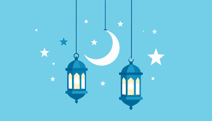 Ramadan Kareem greeting card with Islamic crescent moon and lantern decorations on a blue starry background
