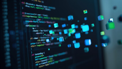 Abstract digital code visualization with floating blue cubes conveying data flow and motion