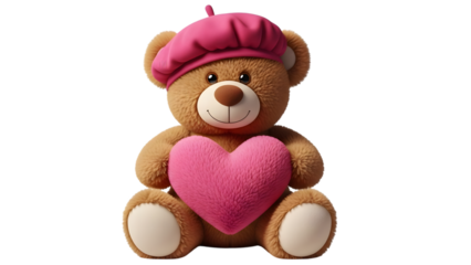 Valentine's day teddy bear holding pink heart wearing beret
