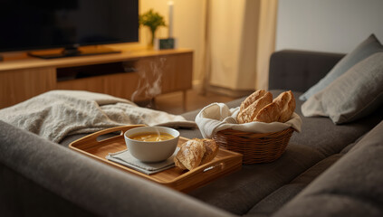 Cozy living room breakfast with steaming soup and crusty bread on wooden tray