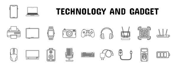 20 Technology and Gadget Line Icon Illustration Set