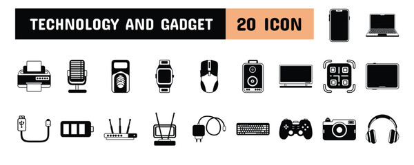 20 Technology and Gadget Glyph Icon Illustration Set