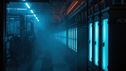 Rows of glowing blue server cabinets in misty industrial data center, atmospheric and futuristic