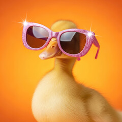 Cute Duckling Wearing Sparkly Pink Sunglasses on Orange Background.