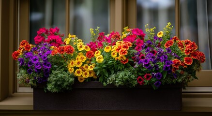 A window box filled with colorful flowers. the flowers include yellow zinnias, red geraniums, purple lavender, and white petunias. 