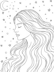 a woman with long hair, under the stars and moon coloring page for adults, with thick lines and a black outline on a white background.