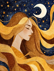 a beautiful woman with long golden hair, with the moon and stars in the background, accented with gold foil, in an illustration style,