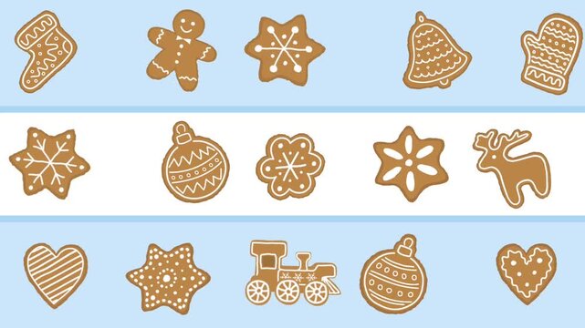 Animated Gingerbread Cookies on Blue White Striped Background. Christmas Loop  Animation. Christmas Cookies. Deer, Train, Glove, Sock, Gingerbread Man, Heart, Star, Ornaments. Video in Blue, Brown, Wh