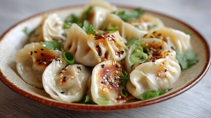 Dumplings are arranged neatly on a plate. They are topped with green herbs and sesame seeds. A sauce is drizzled over them. The setting is bright and inviting.