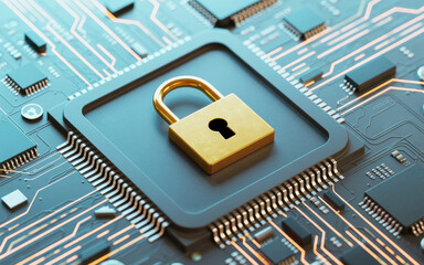 Golden padlock sits firmly on a microchip within a glowing circuit board featuring orange traces symbolizing robust digital cyber security and advance