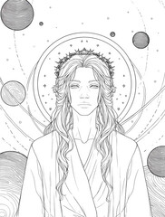 a serene coloring page of the goddess's ways, featuring a long-haired woman with a crown surrounded by planets and stars.