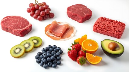Assortment of diverse foods including fruits, meats, and various delicacies