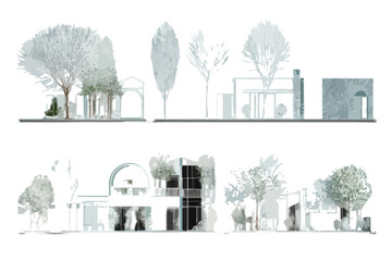 &Eacute;l&eacute;vations architecturales transparentes et stylis&eacute;es de b&acirc;timents contemporains avec arbres, illustrant une vision urbaine moderne et &eacute;pur&eacute;e sur fond blanc.