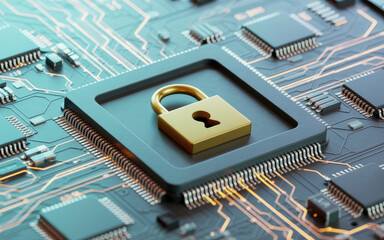 Golden padlock on computer microchip with glowing traces on circuit board representing strong digital data security cyber protection and advanced tech