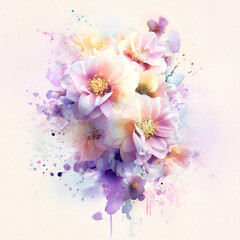 watercolor and pastel flower bouquet illustration on a white background with splashes and ink drips, in pastel colors with soft light pink,