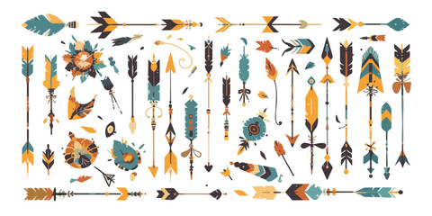 Grande collection vectorielle de fl&egrave;ches stylis&eacute;es, orn&eacute;es de plumes et motifs tribaux, id&eacute;ales pour des designs boh&egrave;mes sur fond transparent.