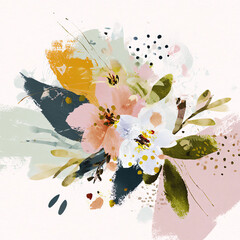 abstract floral elements in blush, sage green and mustard yellow with splashes of paint and watercolour